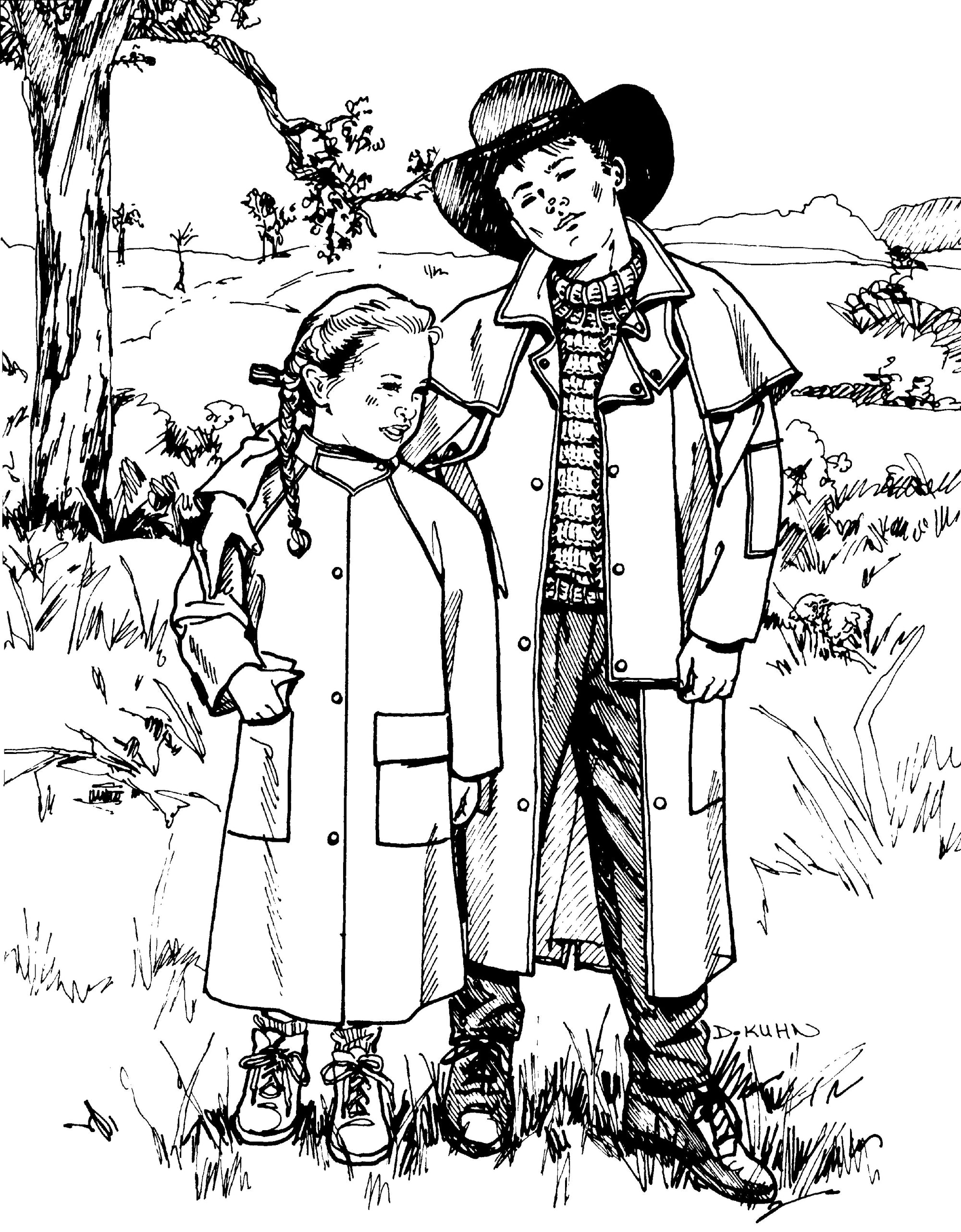 pen and ink illustration of a boy and girl standing in a field wearing drovers coats.  Illustration by Gretchen Schields.