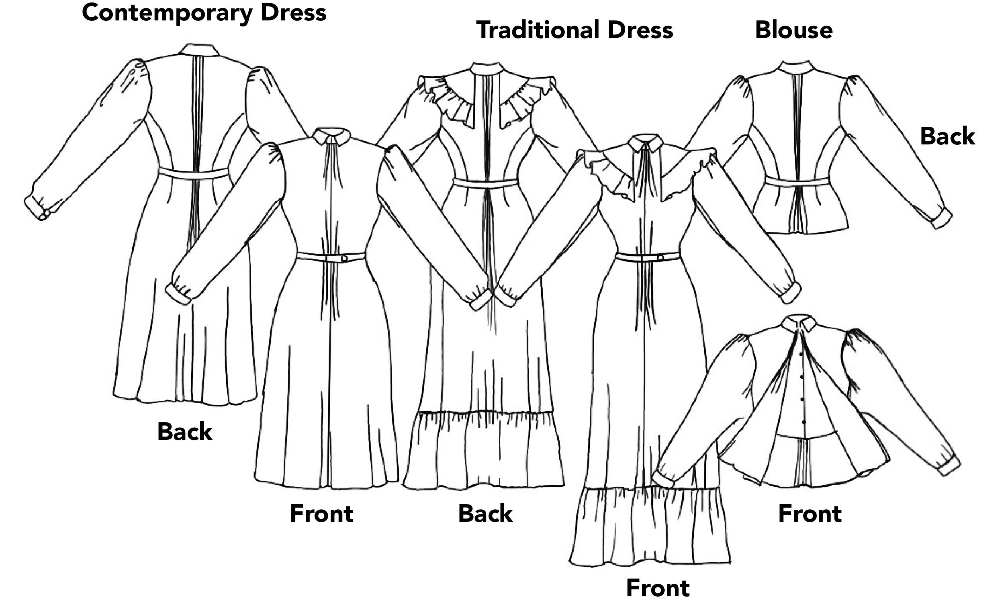 line drawings of the calico day dress options