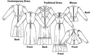 line drawings of the calico day dress options