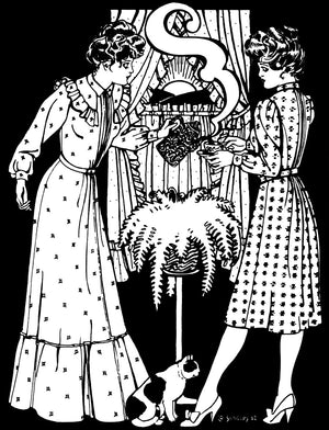 pen and ink ullustration by Gretchen Schields of two women pouring tea wearing the Calico Day Dress.
