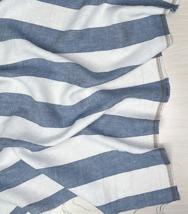 linen cotton blend with a 2"/5cm wide blue and white stripe