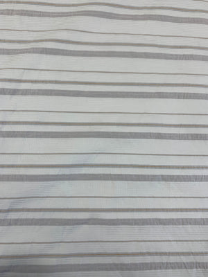 fabric is cotton poly blend with horizonal stripes of white, light pink and orange