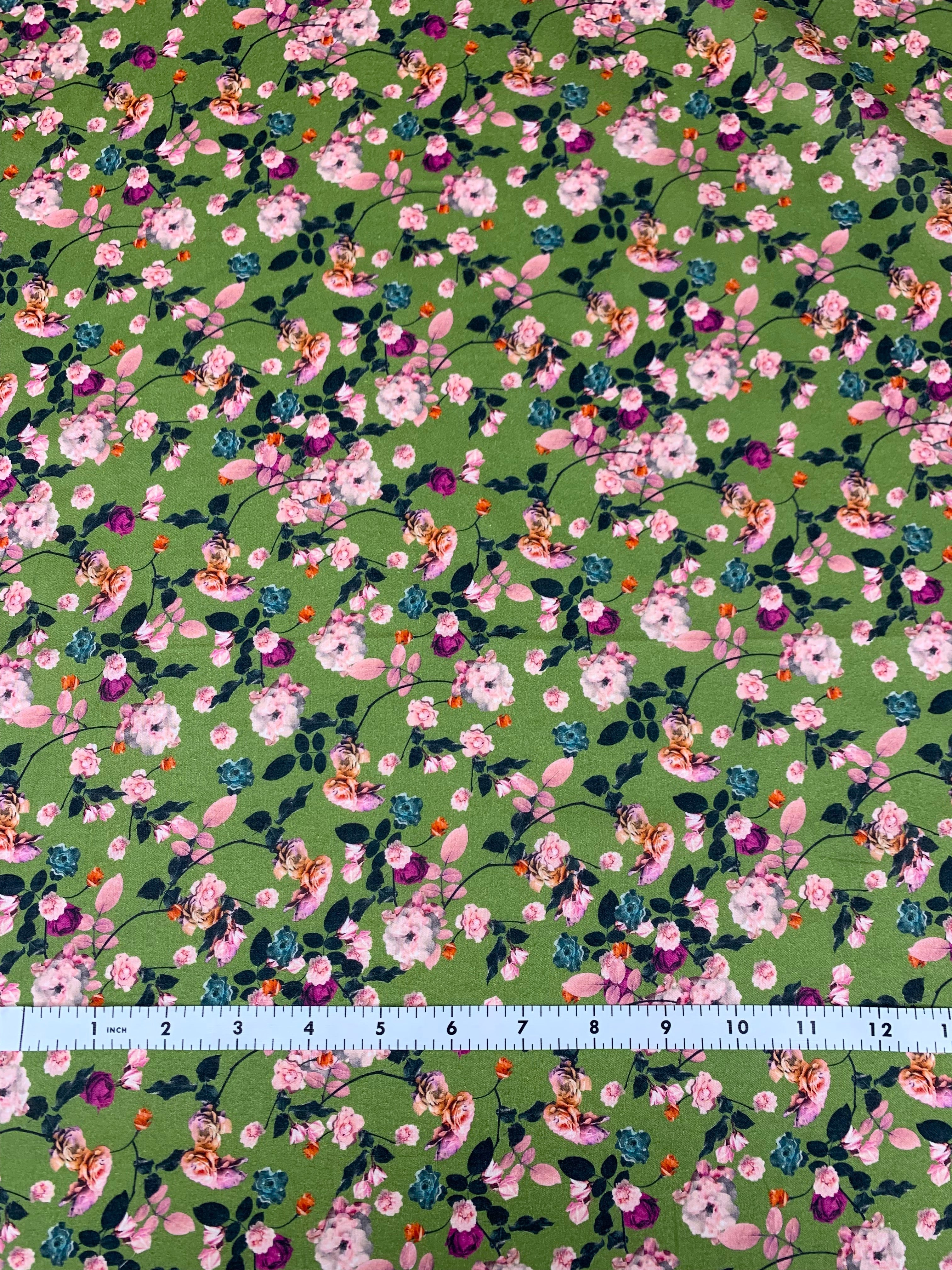 Ditsy Floral Printed Stretch Cotton Poplin - Sand / Green / Lavender / Pink  - Fabric by the Yard